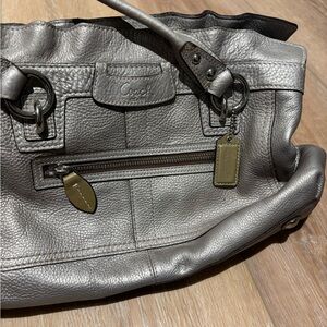 Coach Silver Shoulder Bag with Structured Design and Metallic Finish